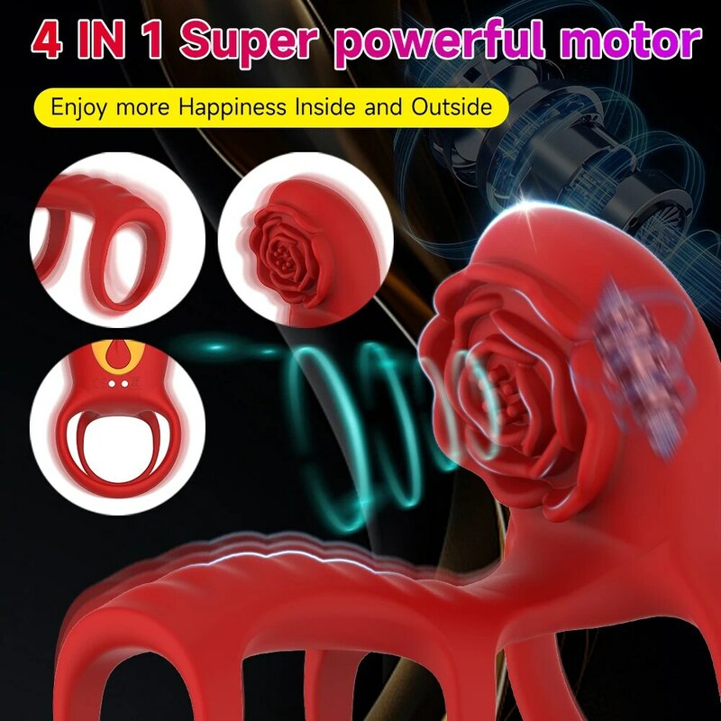 4IN1 Powerful Vibrating Three Loop Cock Ring Rose Clit Nipple Vibrator Wireless Control Penis Erection Trainer Sex Toy for Adult