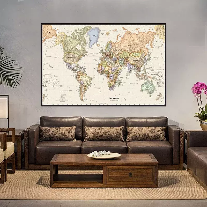 150x100 см Ретро Карта мира подробная карта основных городов в каждой стране Нетканая холщовая картина для гостиной украшение для дома