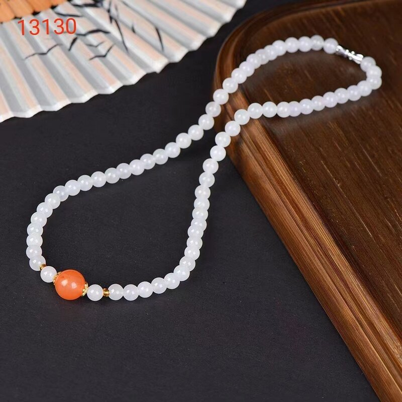 White Golden Silk Jade Necklace Natural Stone Round Bead Chain Exquisite Womens Gemstone Charms Jewelry Mother's Day Gifts