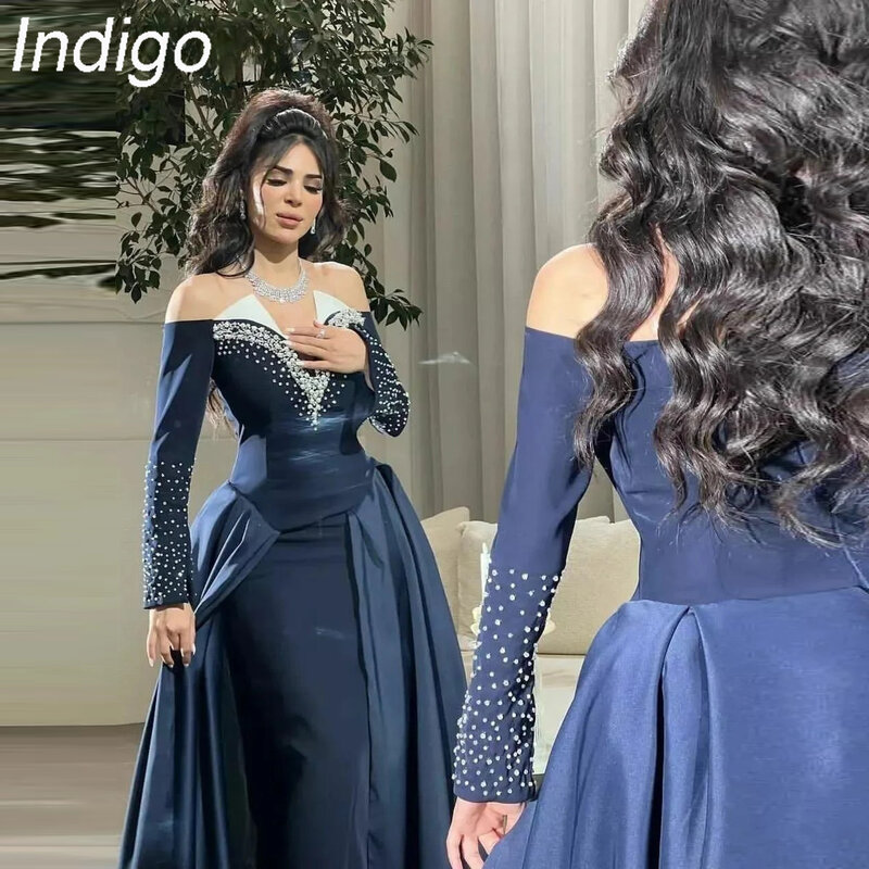 Indigo Sheath Evening Dresses Beaded Long Sleeves Off Shoulder Overskirt For Women Wear 2024 Formal Gown Gala Vestido