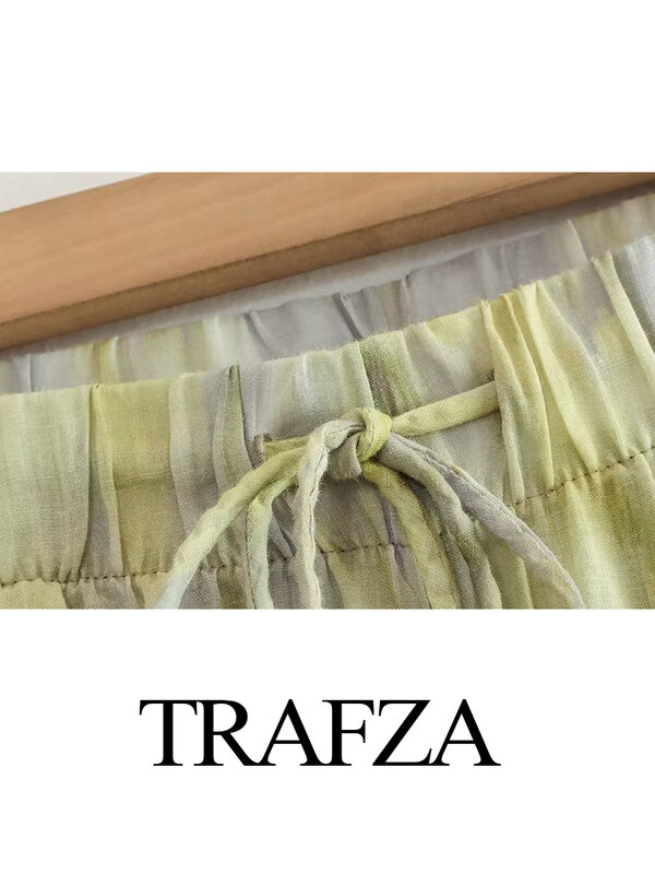 TRAFZA Woman Fashion Vintage Printed Trousers Summer Woman Tie-dye Patchwork High Waist Bow Tie Elastic Waist Wide Leg Pants