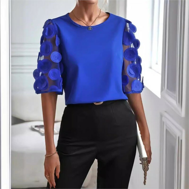 Round Necked Hollow Short Sleeved Shirt Top Casual Lace Patchwork Tops Office Lady Elegant Mesh Splicing Blouse Femme Blouses