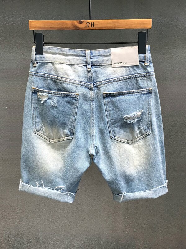 Мужские рваные джинсовые шорты до колена, модные трендовые брюки с необработанным краем, бриджи из джинсовой ткани, цвет голубой, лето