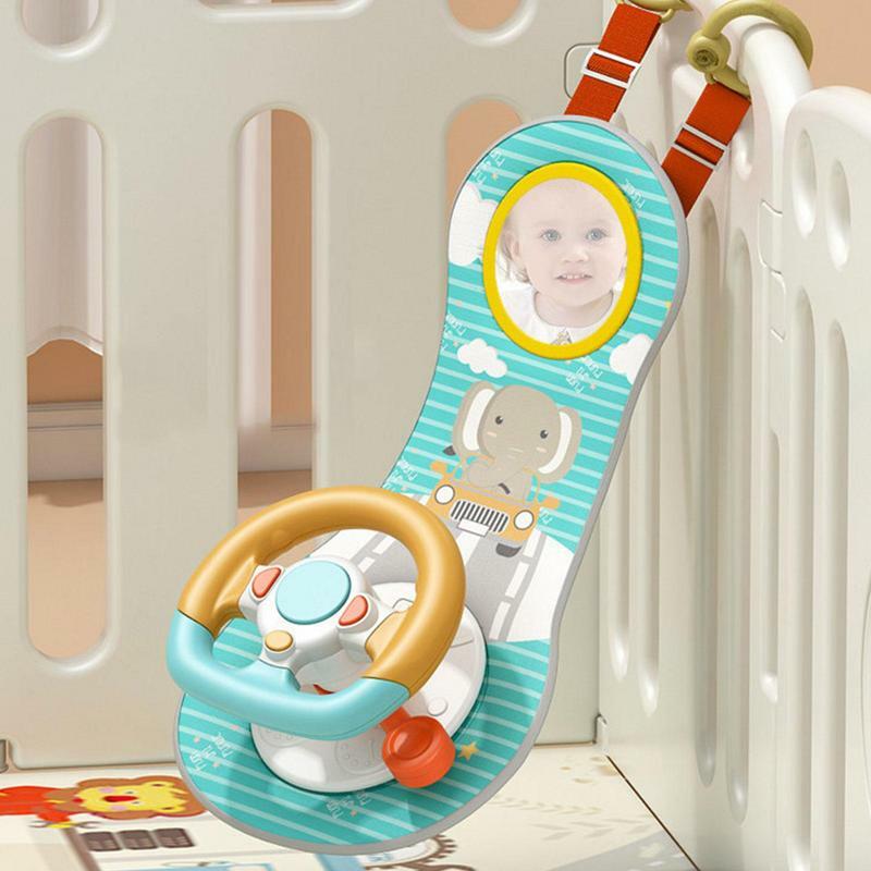 Kursi mobil bayi, mainan suara roda kemudi gantung dengan tali dapat diatur dekorasi kereta bayi dengan cermin ajaib dan klakson untuk balita