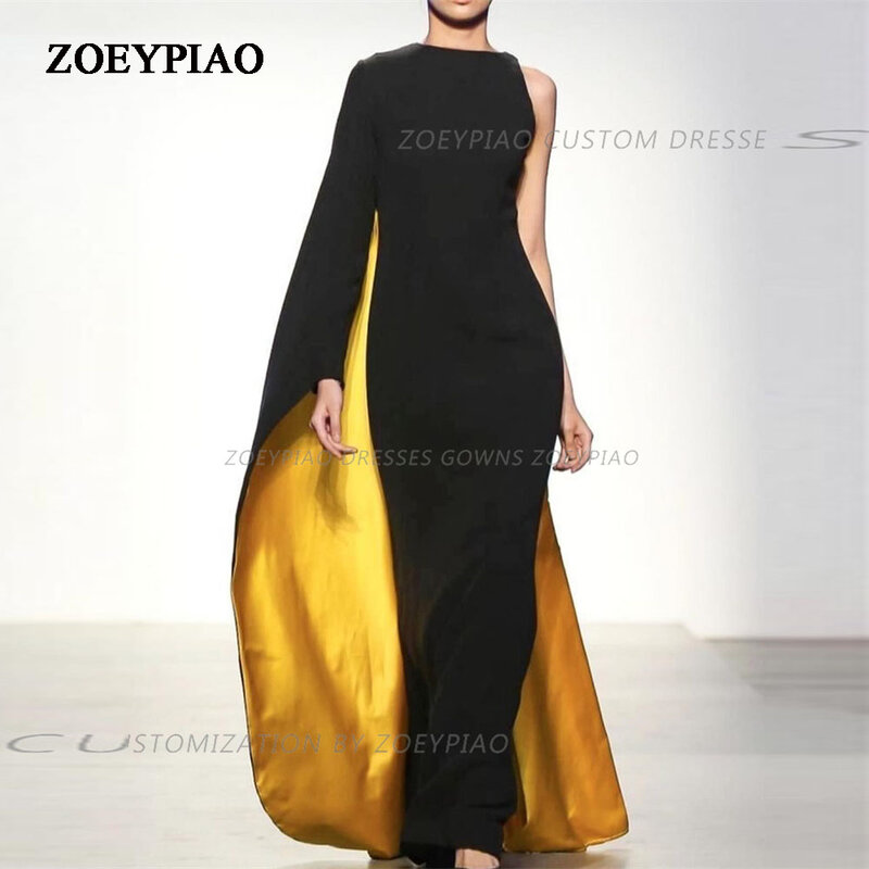 Black/God Satin O Neck Cape Evening Dresses One Long Sleeve Sheath Custom Formal Prom Gowns Occasion Party Wedding Guest