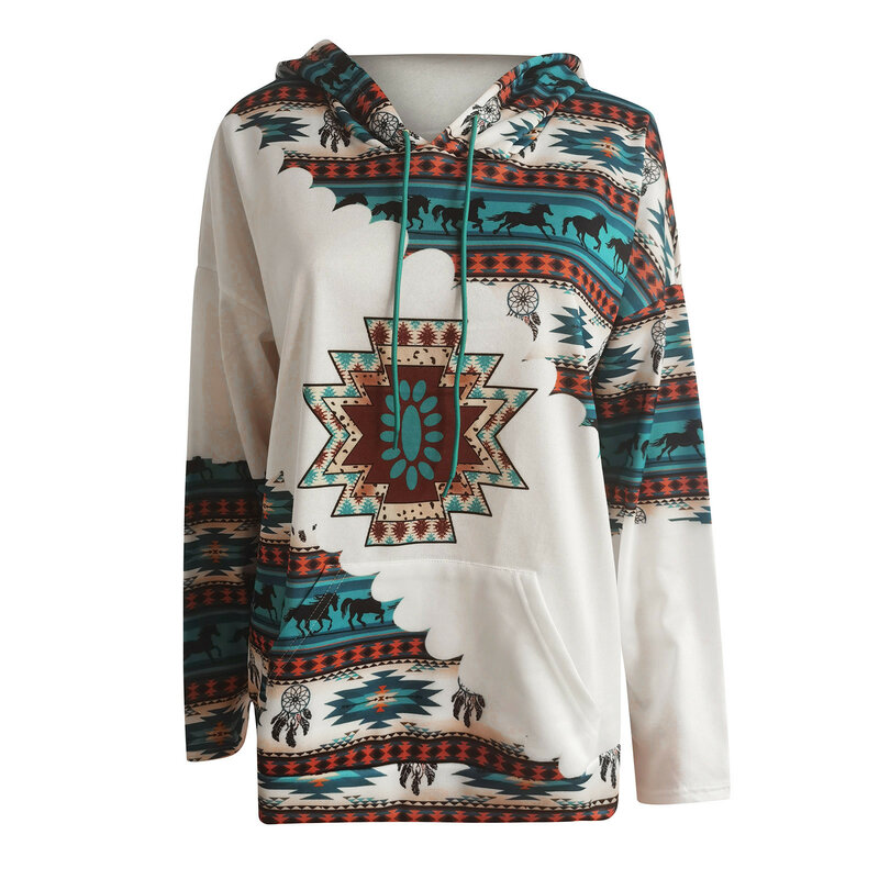 Etniczny nadruk bluza z kapturem damska z długim rękawem w stylu Vintage góra wiosna jesienne luźna bluza bluzy w stylu Casual damskie Harajuku