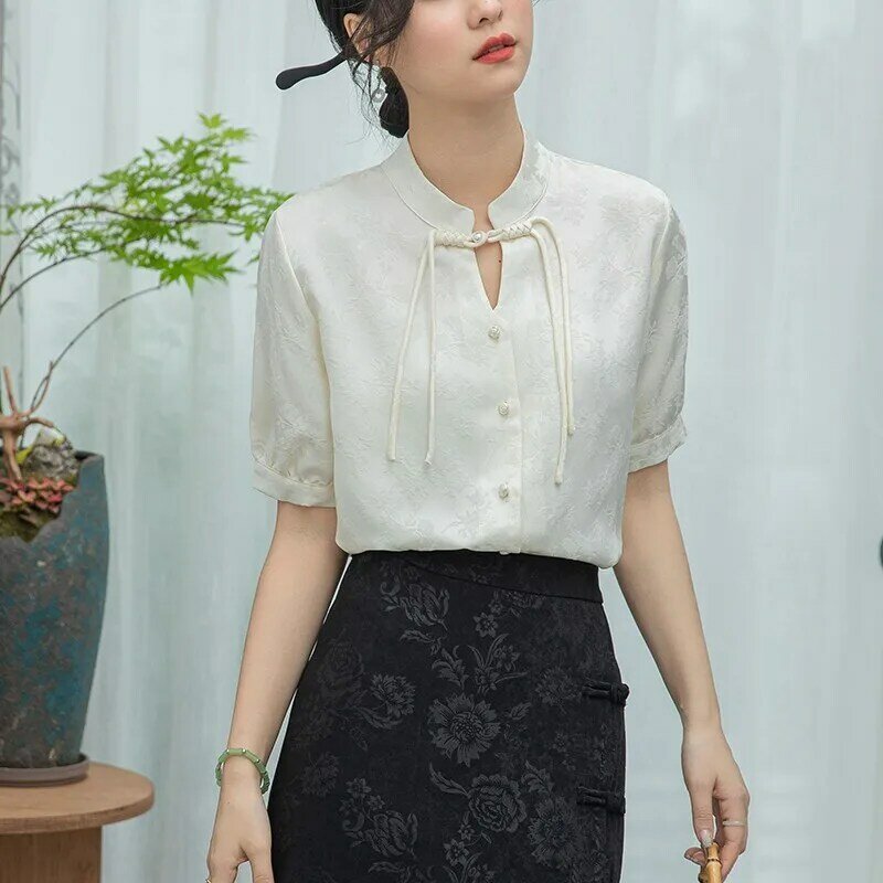 Damska letnia koszula na co dzień New Arrival 2024 chiński styl Vintage stójka podstawowa damska eleganckie topy z krótkim rękawem W1759