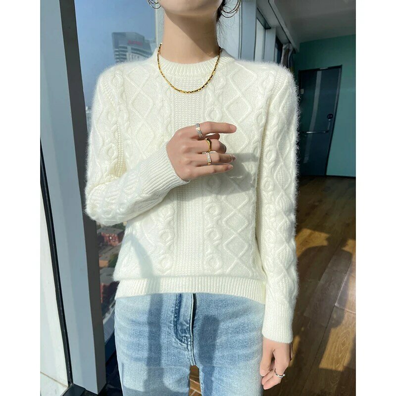 Round Neck Thickened 100% Wool Pullover Sweater For Women's Autumn Winter Luxury Warm Loose Solid Color High-Quality Knitted Top