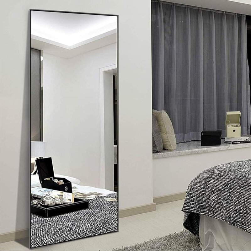 Wall Mirror Full Length Wall-Mounted Hanging Black Bathroom for Rectangular Bedroom Living Room Horizontal/Aluminum Alloy Frame