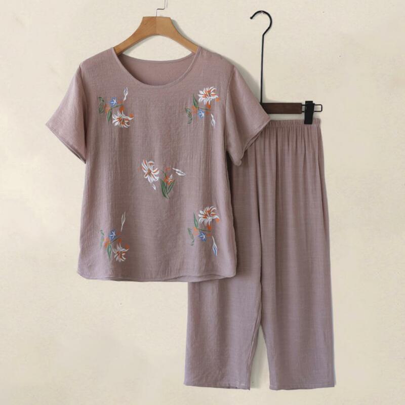 Women Matching Summer Suits Elegant Mid-aged Women's Flower Print Pajama Set with Wide Leg Pants Comfortable for Mother
