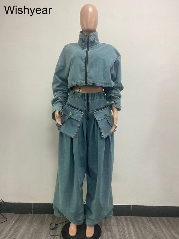 Denim Stand Collar Long Sleeve Jackets Crop Top and Pockets Wide Leg Cargo Pants Two Piece Set Women Street Loose Jeans Outfits
