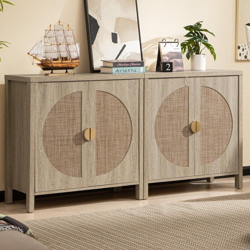 Accent Wood Storage Cabinet Set of 2, Rattan Sideboard Buffet Cabinet with Adjustable Shelves, Console Table Credenza