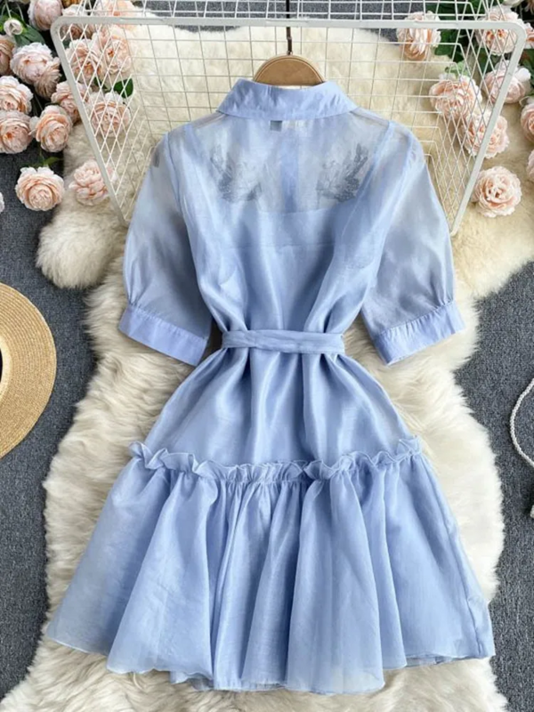 Женское однобортное платье, милое летнее платье с цветочной вышивкой, короткая трапециевидная рубашка с рукавом до локтя и поясом на завязках