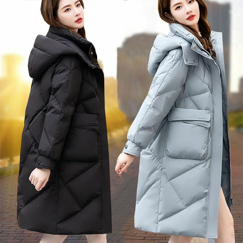Jaket panjang bertudung untuk wanita, mantel parka bertudung polos tebal hangat tahan angin bahan bantalan longgar kasual modis musim dingin 2023