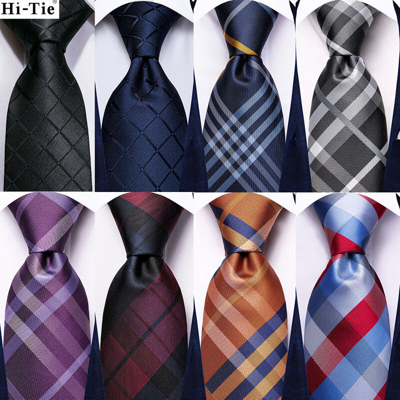 Hi-tie-デザイナーのチェックシルクのネクタイ,男性用の青と赤のネックレスのセット,ギフト,ウェディングファッション,ビジネスパーティー,直送