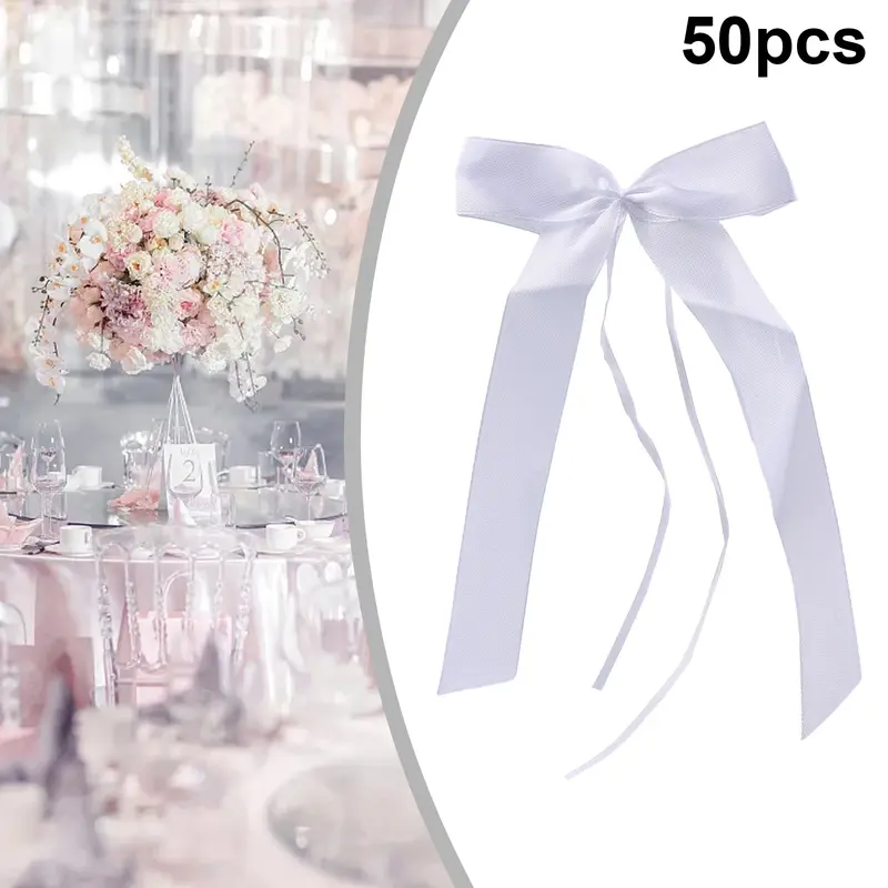 50 Pieces White Ribbon Bows Decorative Loops Antenna Loops Bridal Car Decor Door Handles Fashionable Polyester Wedding