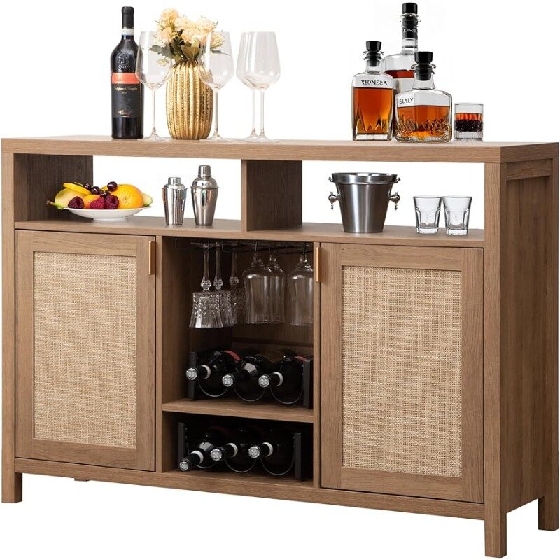 51" Rattan Sideboard Buffet Cabinet with Storage, Boho Farmhouse Liquor Cabinet with Wine Racks Credenza Console Table