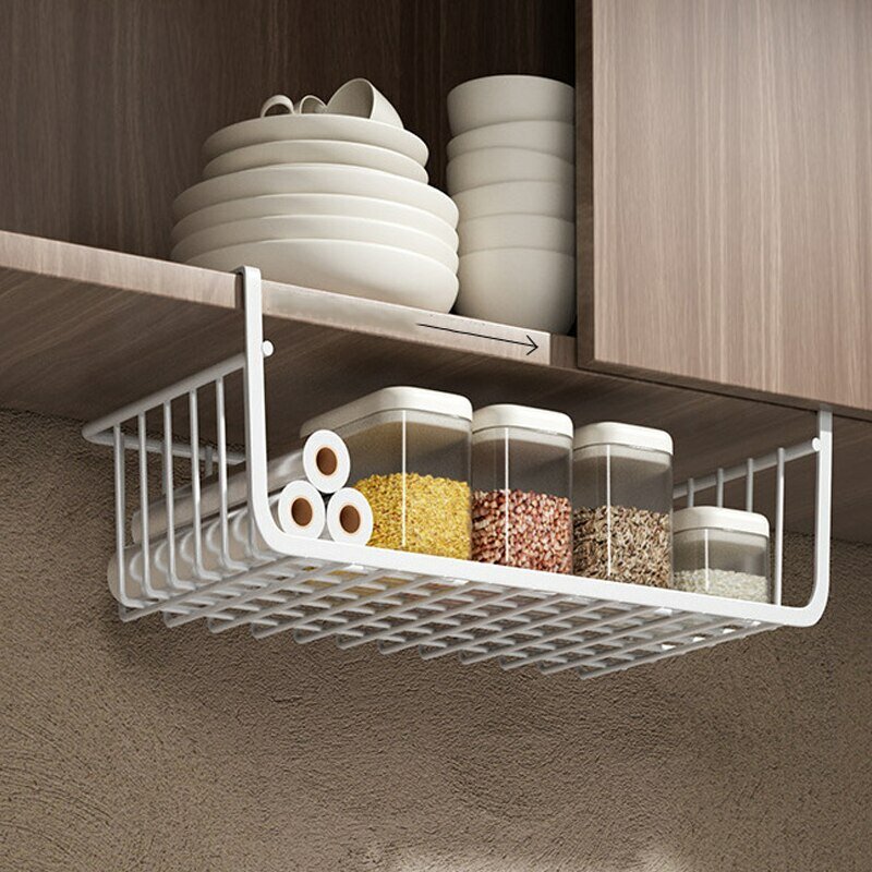 1 cái màu trắng/đen treo Net giỏ sắt vật liệu công suất lớn treo dưới tủ tường tủ quần áo lưu trữ giỏ dụng cụ nhà bếp