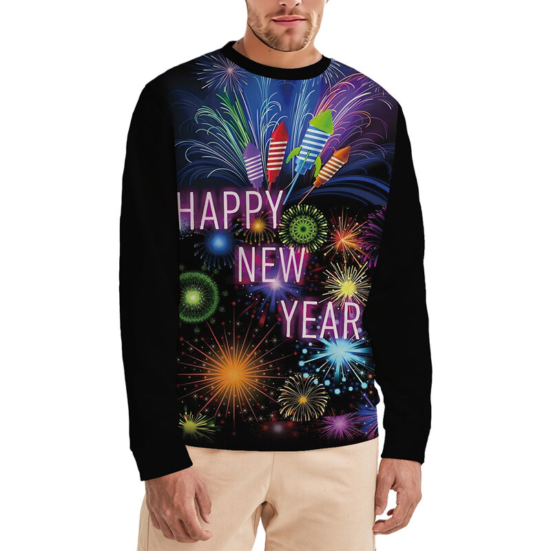 Colorful Firework Men's Happy New Year Sweatshirt 3D Printed Long Sleeve Crew Neck  Pull On Pullover Sweatshirt Unisex Clothing