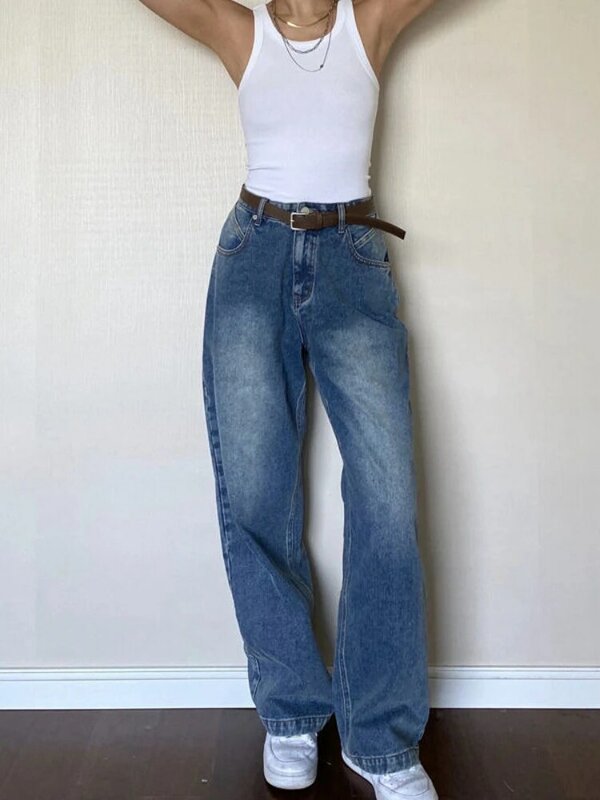 Adagirl กางเกงยีนส์สีน้ำเงินสำหรับผู้หญิงกางเกงสตรีทแวร์วินเทจเอวสูงขากว้างใส่สบาย
