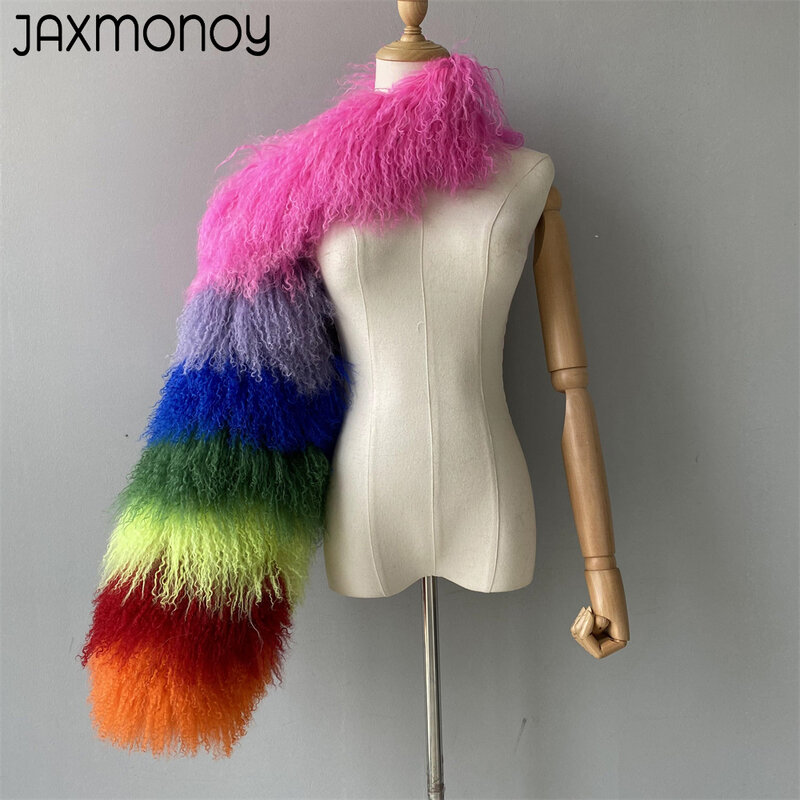 Jaxmonmoney-女性のための本物のパンプス,羊の毛皮のコート,豪華な,長い天然の羊の髪,個々の袖