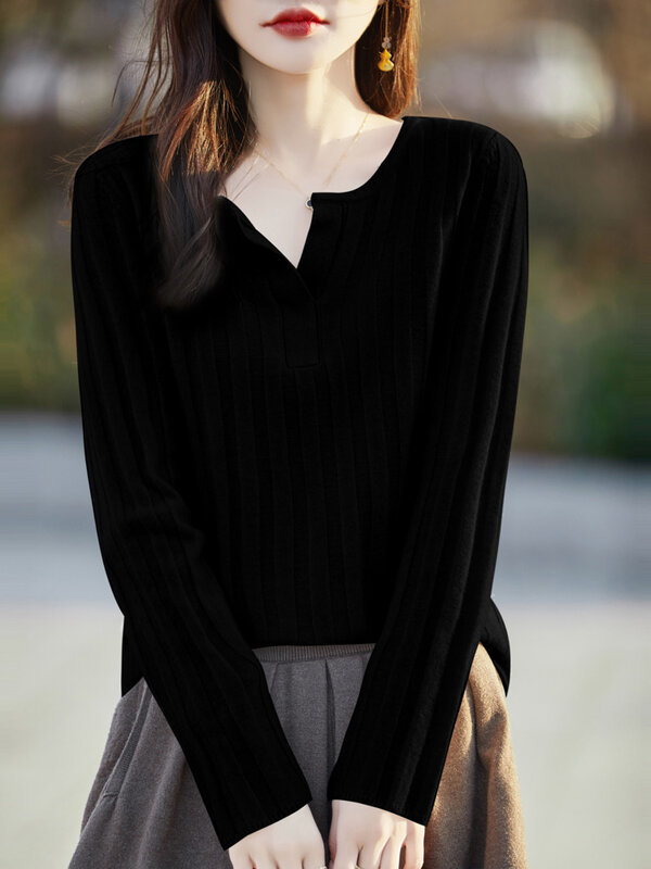 Aliselect Sweater V-Neck wanita, atasan Pullover lengan panjang, pakaian rajut kasmir wol 100%, musim semi, musim gugur