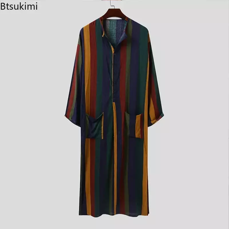 Jubah Gaun Tidur Pria Baju Bergaris Arab Pakaian Etnis Lengan Panjang Retro Kimono Rok Rumah Katun Jubah Mandi Lingerie S-5XL