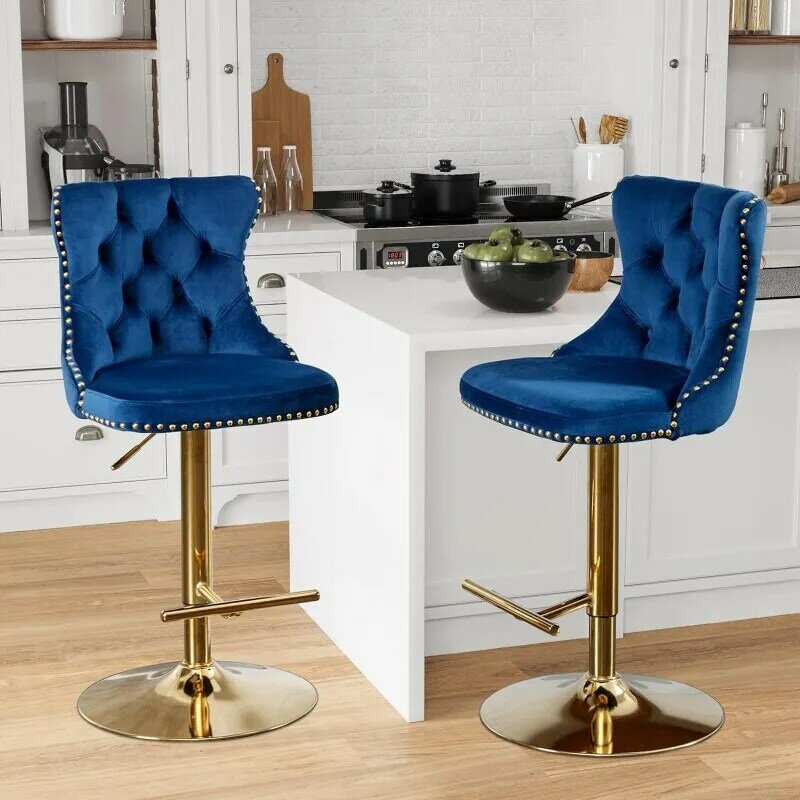 Bar Stools Set of 2,Adjustable Barstools with Back Velvet Tufted Counter Stool Modern Upholstered Bar Chairs with Nailhead