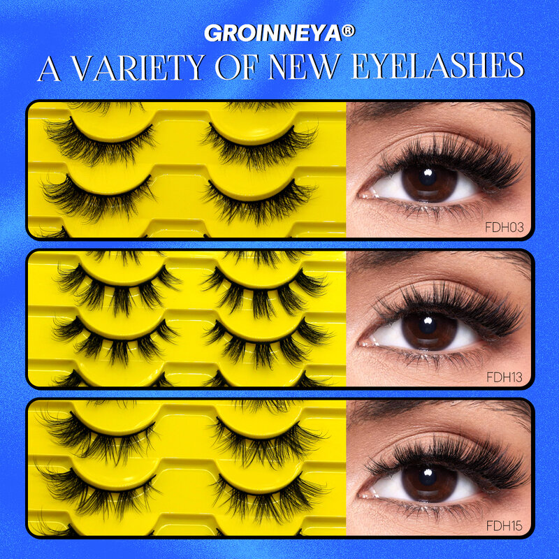 GROINNEYA Fluffy Lashes 5/10 pairs Manga Lashes 3D Natural False Lashes Fluffy Soft Cross Wispy Natural Eyelash Extension Makeup
