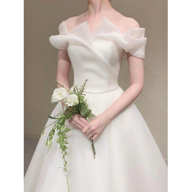 Prosta sukienka koreański ślub z odkrytymi ramionami nowa długa sukienka bez rękawów suknie ślubne wiązane dla kobiet na zamówienie Plus Size
