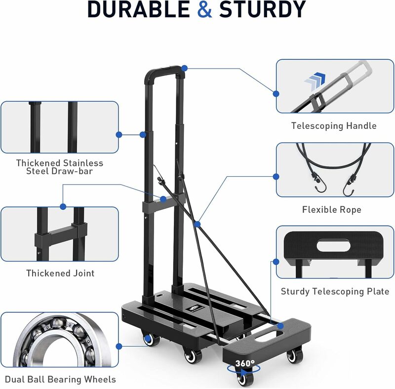 Folding Hand Truck,500 LB Heavy Duty Luggage Cart, Utility Dolly Platform Cart with 6 Wheels&2 Elastic Ropes for Luggage,Travel