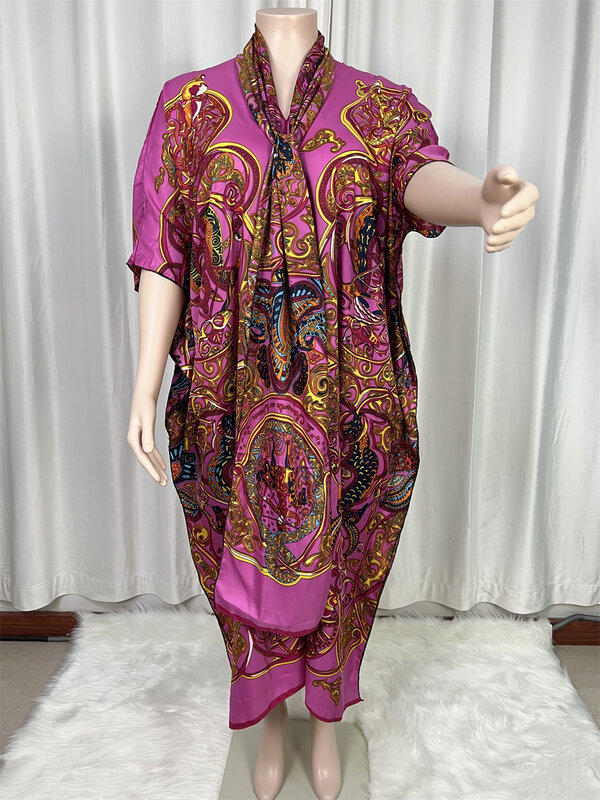 2024Saudi Arabia's New Loose  Printed Silk Maxi Dress Summer Beach Bohemian Robe Africa Kaftan Kimono Swim Suit Batwing Sleeve