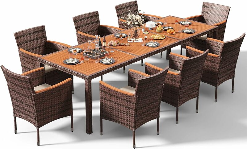 Patio Conversation Set with Acacia Wood Top, Rattan Outdoor Dining Table and Chairs for Backyard, Garden, Deck
