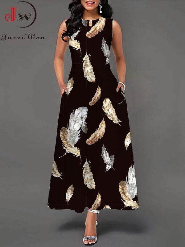 فستان ماكسي طويل صيفي بوهو حريمي أنيق بلا أكمام غير رسمي مطبوع عليه زهور لحفلات الشاطئ