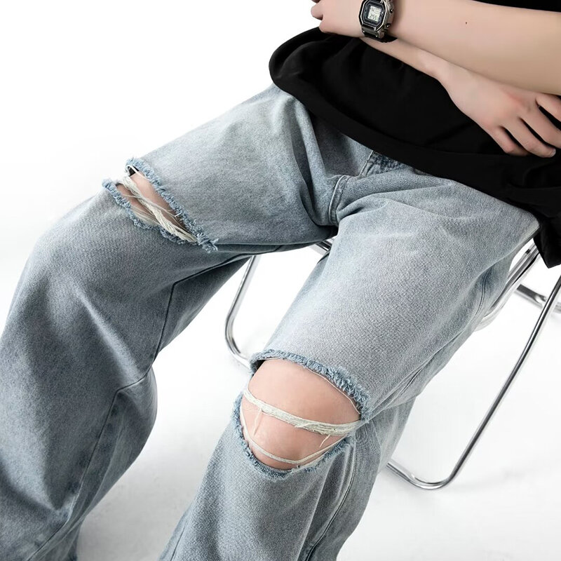 Рваные джинсы мужские летние облегающие прямые брюки