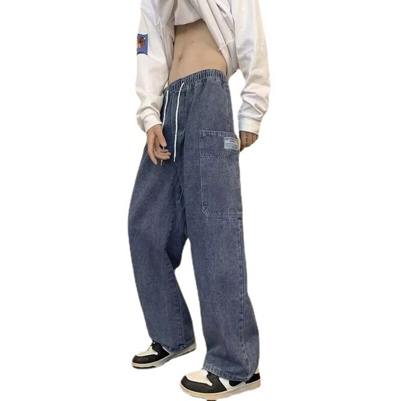 2024 Spring Autumn Men Baggy Jeans Men Wide Leg Pants Big Pockets Elastic Waist Streetwear Trousers Male Loose Denim Pants