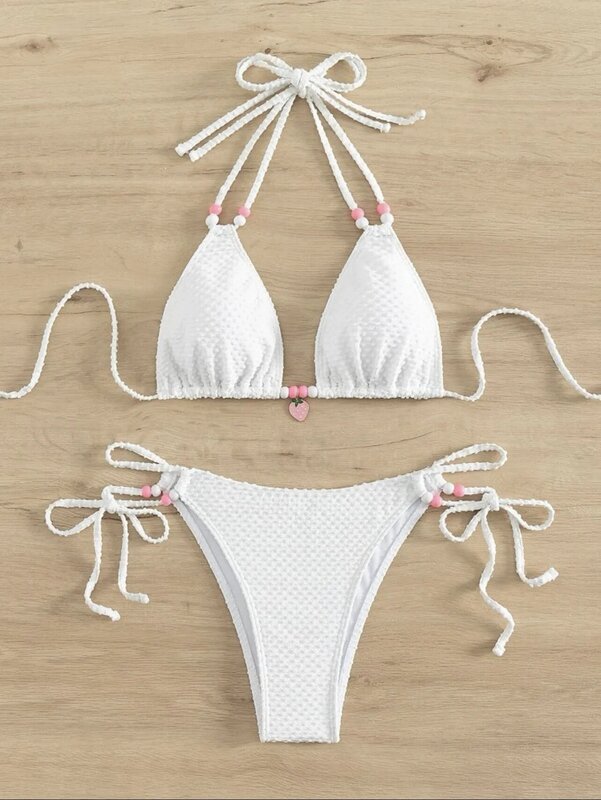 Branco Halter Bandage Bikini Set para Mulheres, Push Up Swimwear, maiô feminino, High Cut Maiô, Swim Beach Wear, 2 pcs