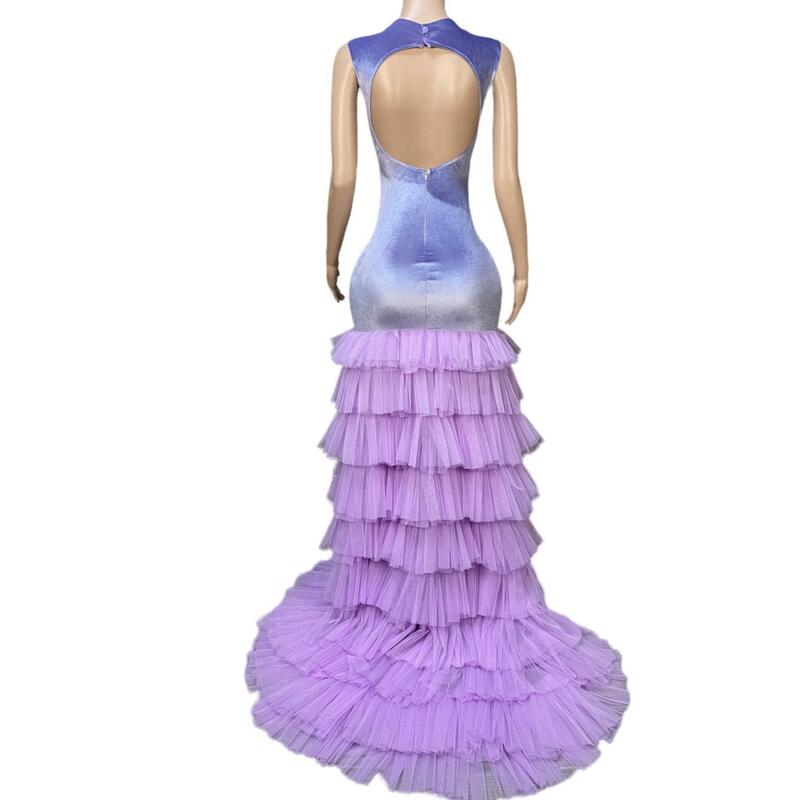 Seksowne długie świecące suknie balowe przezroczysty dekolt w kształcie litery "o" luksusowe fioletowe kryształy diamentowe cekiny syrenka czarna dziewczyna suknie na bal maturalny Ziluolan