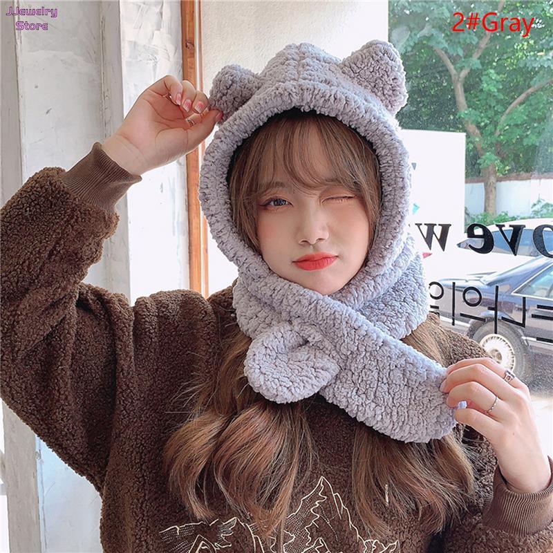 Cute Bear Ear Hat Scarf Gloves Set Winter Women Beanies Caps Warm Casual Plush Hats Casual Solid Fleece Girl Kawaii Present