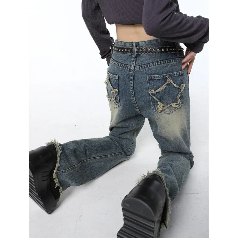 Năm 2023 Thời Trang Dạo Phố Rộng Chân Váy Jean Vintage Xanh Dương Cao Cấp Quần Jeans Nữ AmericanFemale Quần Thẳng Quần Baggy Quần Denim