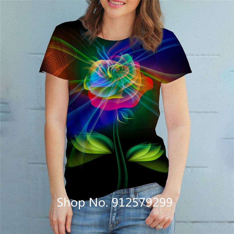 T-shirt manches courtes col rond femme, Slim et décontracté avec impression de fleurs en 3D