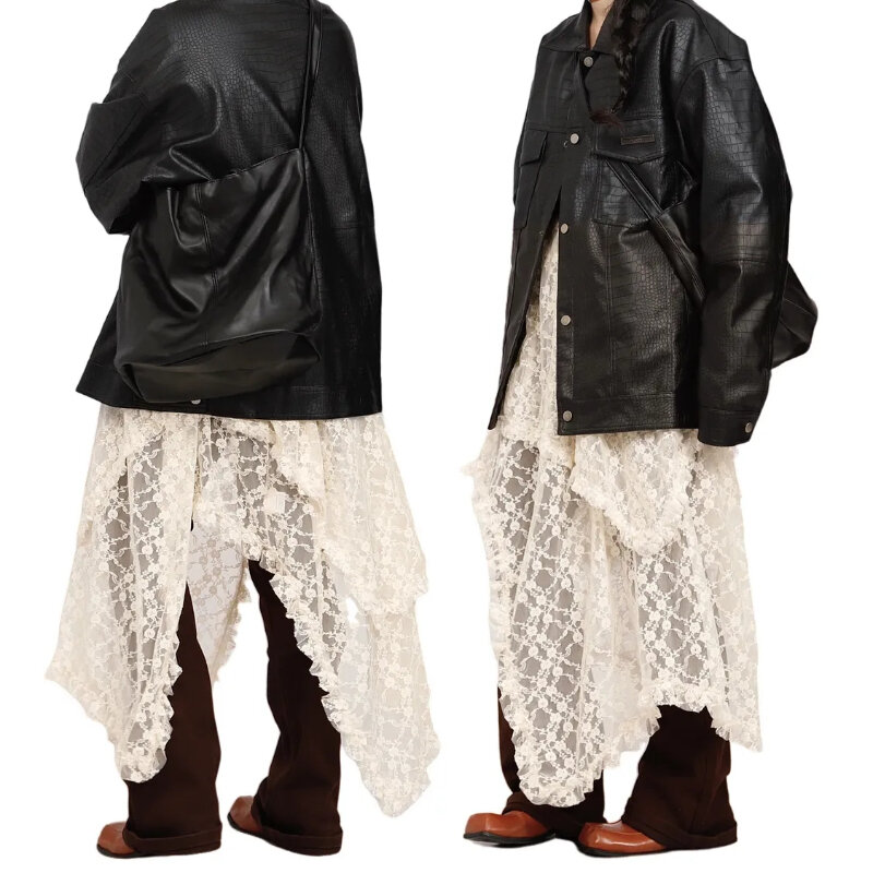 Deeptown-faldas largas de encaje Vintage para mujer, vestido Irregular de vacaciones Y2k, Midi de tul bohemio, transparente, cintura alta, elegante y suelto