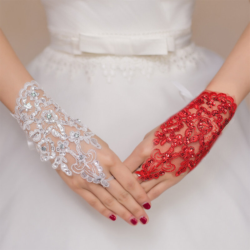 Elegant Lace Mesh Sun Protection Short Gloves Women White Red Rhinestone Fingerless Gloves Bridal Wedding Dance Party Mittens