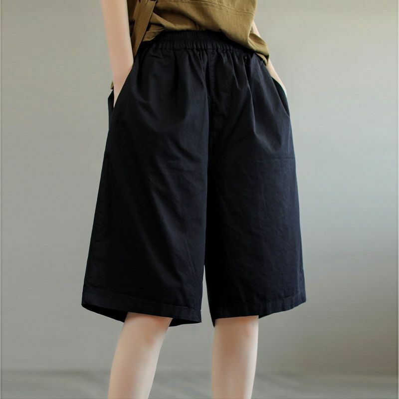 กางเกงขาสั้นผ้าคอตตอนแท้สำหรับผู้หญิง, กางเกง6/4เอวยางยืดทรงหลวมกระเป๋าสีล้วนแบบใหม่สำหรับฤดูร้อน2024