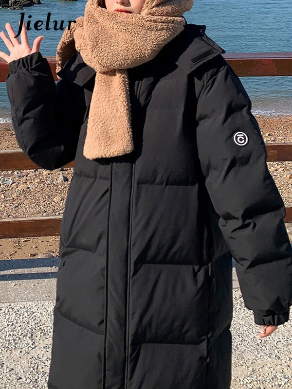 Jielur-parka larga con capucha para mujer, abrigo holgado de Color liso, con cremallera, con bolsillos, estilo coreano, a la moda, para invierno