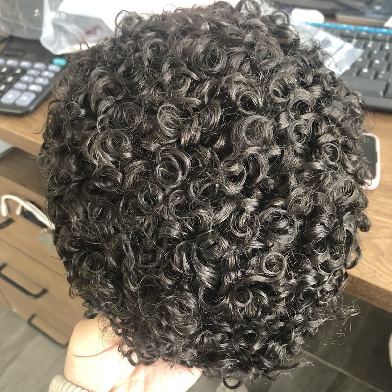 Natural Human 18mm Curly Men Toupee Durable Thin Skin Full Pu Base Male Human Hair Prosthesis System Natural Hairline
