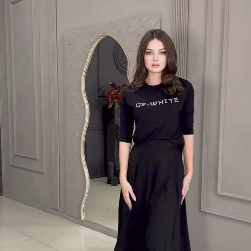 2024 Woman Two Piece Sets Round Neck Black Tops Long Skirts Knitting Outfits Women's Clothing Suits Solid Commuting New Clothing
