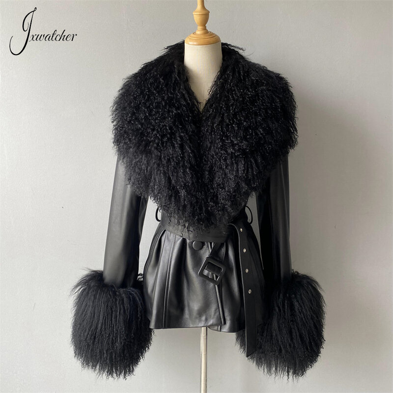 Jxwatcher Genuine Leather Jacket for Women Real Mongolian Fur Collar Cuffs Ladies Real Sheepskin Coat with Belt Spring Outerwear