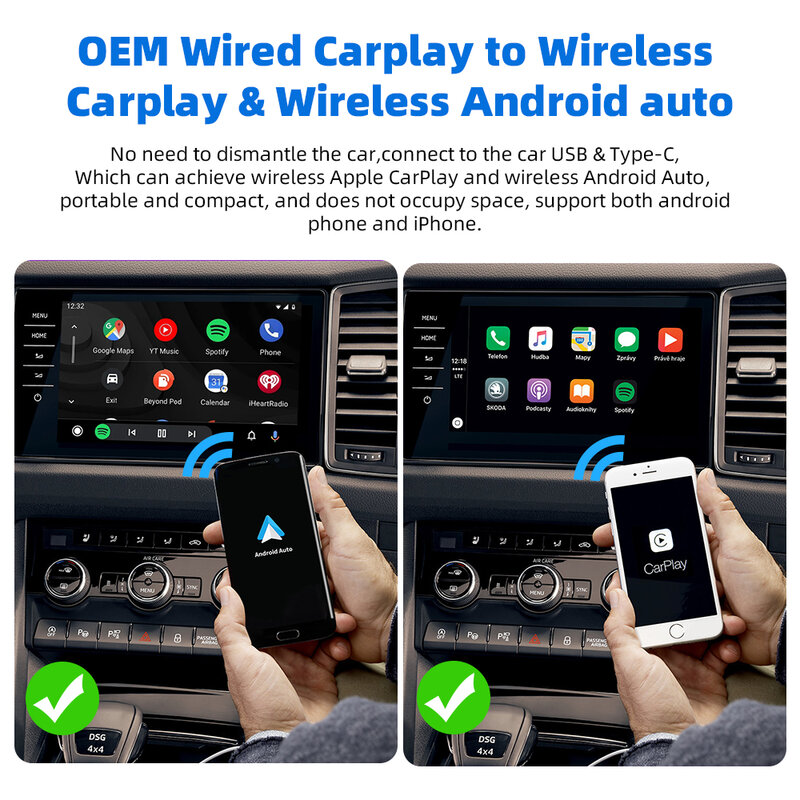 EKIY Adaptador sem fio para carro da Apple CarPlay Mini Box Dongle Auto Android Benz Audi Mazda Kia Toyota VW OEM 2 em 1