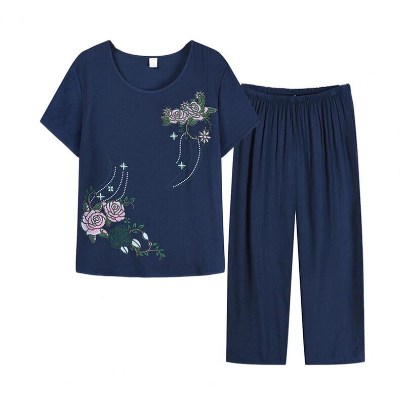 Conjunto de pijama feminino de manga curta estampado floral, camiseta de verão, calça solta, duas peças, roupa de meia idade